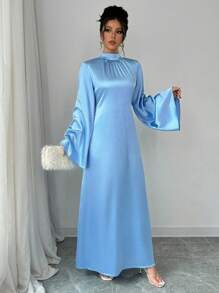 Elenzga Baby Blue Stretchy Faux Silk Satin Funnel Neck Long Flare Sleeve Wide Hem Dress Maxi Women Outfit - Blue - View 7