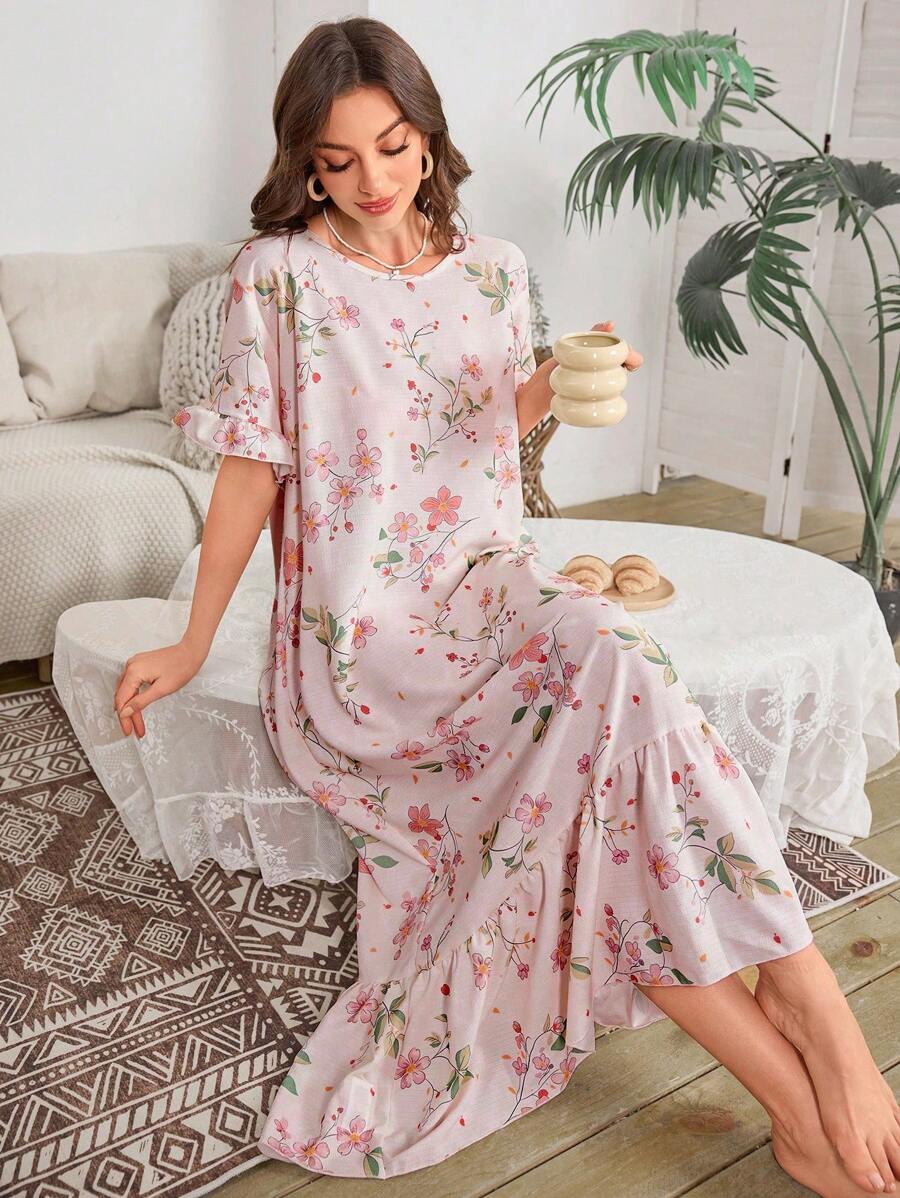 SHEIN Bubble Ruffle Hem Floral Print Long Nightgown Babydoll Luxeloungewear, Moo Moo - Multicolor - View 1