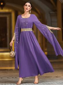 Layrah Elegant Rhinestone Embellished Purple Long Sleeve Turkish Style Dress For Party Kaftan Jalabiya Dress - Purple - View 6