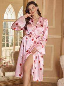 Women's Heart Print V-Neck Flared Sleeve Robe With Belt - Multicolor - View 5