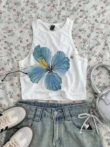 SHEIN EZwear Casual Minimalist Floral Print Round Neck Fitted Tank Top For Women, Suitable For Summer Back To School