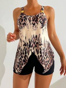 SHEIN Swim Women Beach Outfit, Conservative 2Pcs Strappy Print Bikini Set For Summer