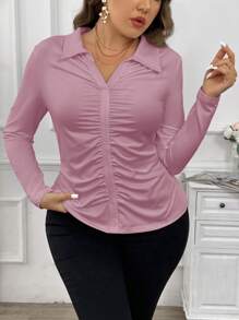 SHEIN Privé Plus Size Fitted Collared Pleated Long Sleeve T-Shirt - Mauve Purple - View 3