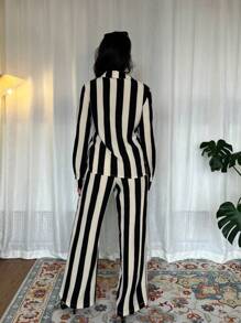 Chiquease 2 chiếc/bộ áo sơ mi dài tay kẻ sọc thanh lịch kiểu Pháp cho nữ và quần - Nhiều màu - Xem 2