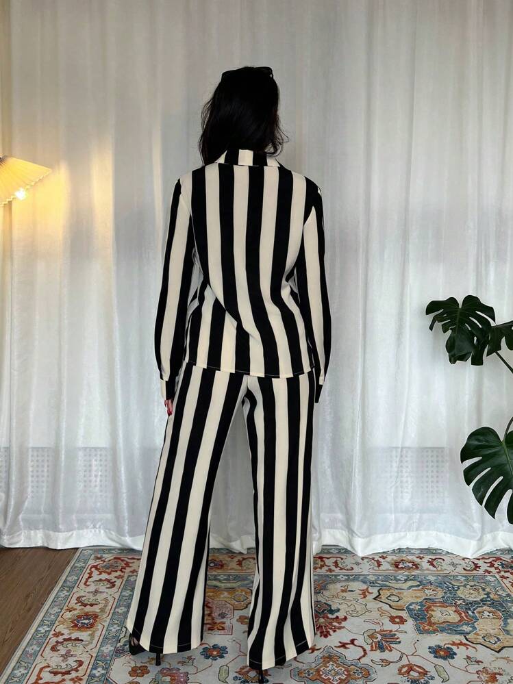 Chiquease 2pcs/Set Women French Elegant Striped Long Sleeve Shirt And Pants - Multicolor - View 2