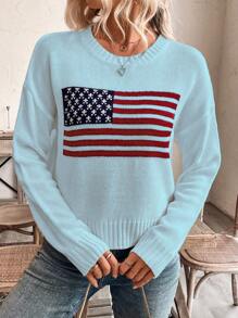 SHEIN LUNE Casual US Flag Pattern Drop Shoulder Sweater, Autumn/Winter Knit Pullover Fall - Blue - View 4