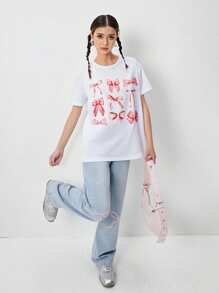 Set de 2 piezas: Camiseta holgada con lazo estampado y jeans de pata ancha bordados para niñas preadolescentes, ropa diaria cómoda y de moda - Blanco - Ver 5