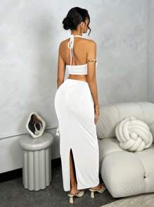 SHEIN BAE 一套女士深V领露背吊带背心+紧身低腰裙 - 白色 - 查看 2