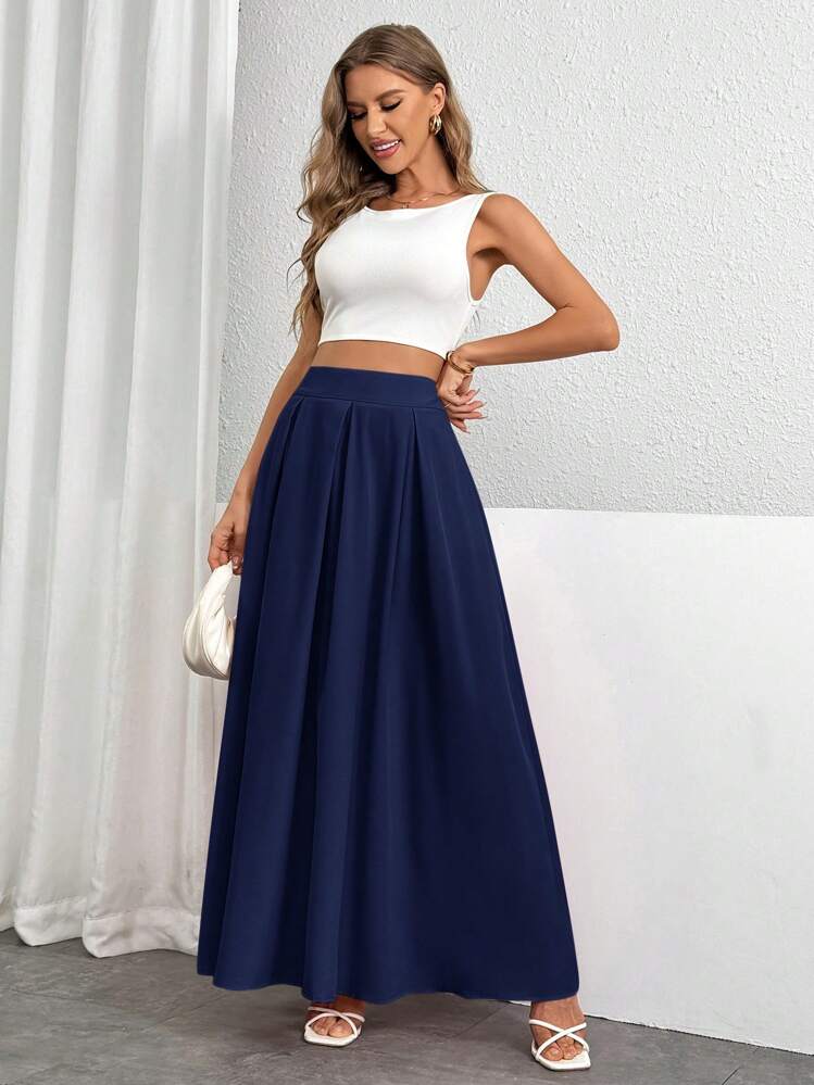 Firerie Women High Waist Pleated Long Skirt, Solid Color - Navy Blue - View 7