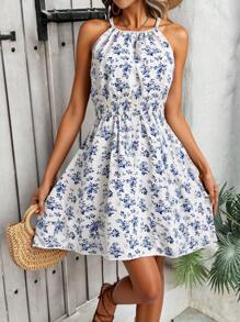 Breezaya Women's Elegant Floral Blue & White Print Sleeveless Round Neck Dress - Blue and White - View 4