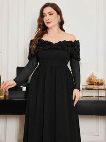 Modelyn Plus Size Women 3D Rose Flower Splice Off Shoulder Long Sleeve Dress, Cinched Waist Design, Elegant And Slimming