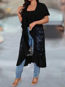 SHEIN LUNE 大码女式优雅休闲蕾丝拼布撞色材质夹克