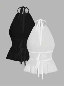 SHEIN EZwear Top de tirantes de cuello halter de unicolor para mujer, minimalista y de moda, adecuado para el verano