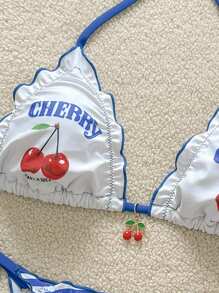 Swim Mod Springbreak Women Summer Cherries Print Triangle Halter Cherries Decor & Blue Striped Bikini Bottom Cute & Sexy Swimwear Set - Blue and White - View 3