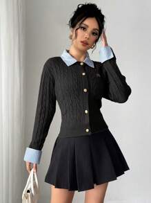 Franclia New Blogger-Style Fashionable Design Sense Preppy Style 2 In 1 Patchwork Knitted Cardigan Crop Sweater Fall Winter Cloth For Women