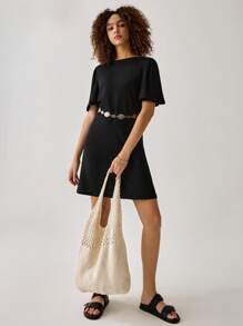 Easelle Spring/Summer Bohemian Style Outfit, Cowgirl Vintage Women's Boat Neck Backless Butterfly Design Black Knit Loose Dress, Suitable For Vacation