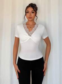 Chiquease Women V-Neck Lace Bodycon Short Sleeve Twist Front Top - White - View 1