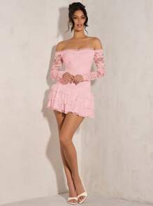 SHEIN BAE Vestido mini ajustado con hombros descubiertos, volantes de encaje para mujer, para primavera/verano