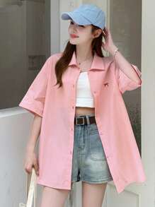 DAZY Women's Summer Oversized Bowknot Printed Drop Shoulder Casual Shirt,Short Sleeve Tops - Pink - View 9