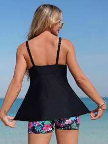 Swim Lushoire Women's Beach Vacation Black Print Random Shell Edge Cami Top And Tropical Plant Print Briefs Tankini Swimwear 2pcs Set For Summer - Multicolor - View 3