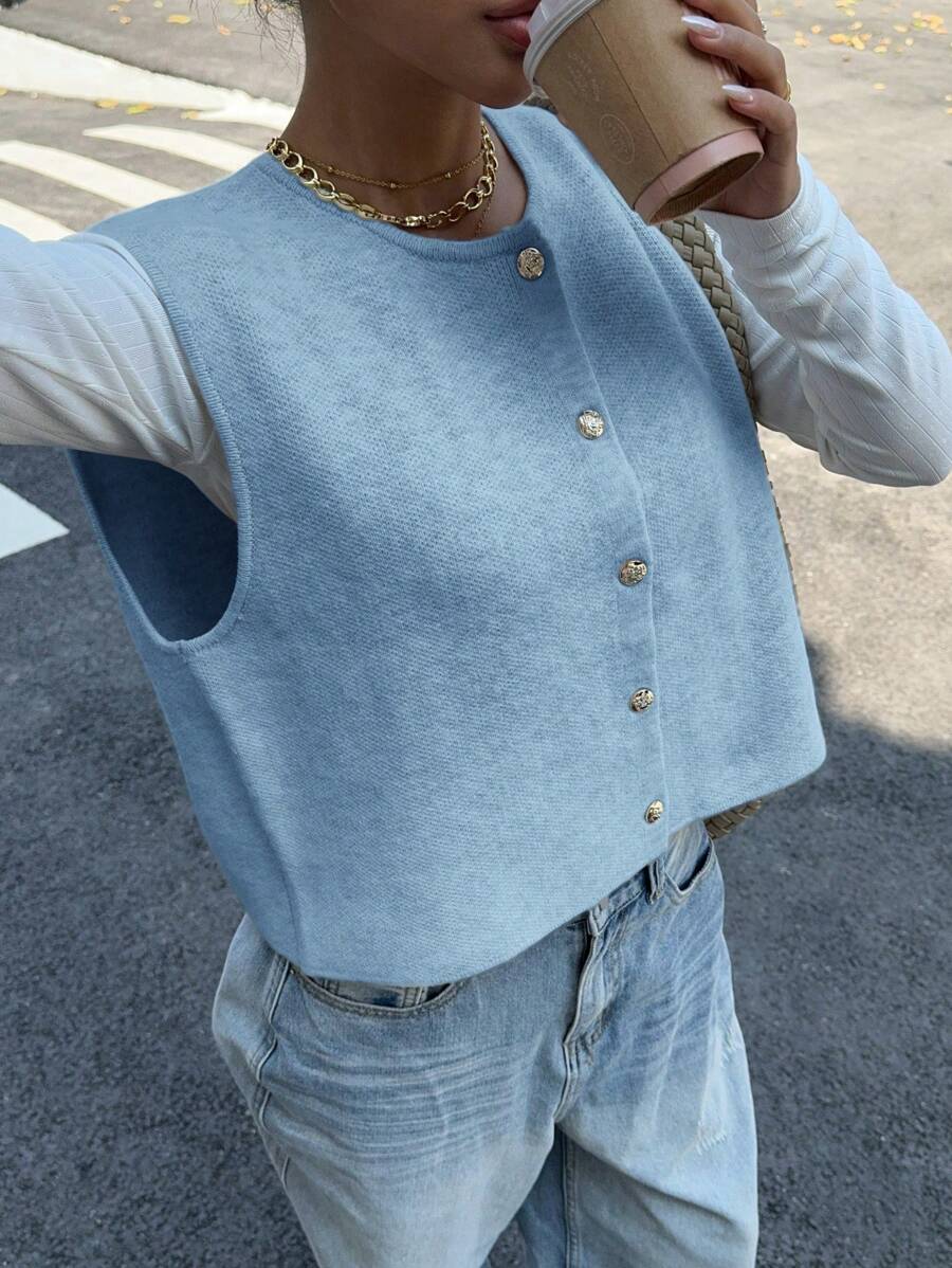 Siren Gaze Women Solid Color Gold Button Casual Loose Knitted Vest Summer Blue - Baby Blue - View 1