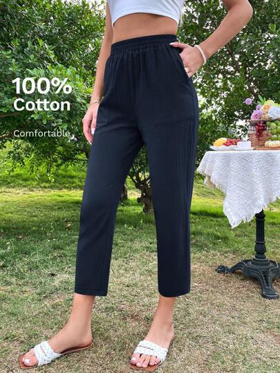 SHEIN LUNE 夏季實色圓錐形帶口袋休閒度假長褲