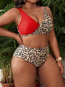 SHEIN Swim Curve Plus Size Sexy Fashionable Leopard Patchwork Triangle Top And High Waist Bottoms Bikini Set