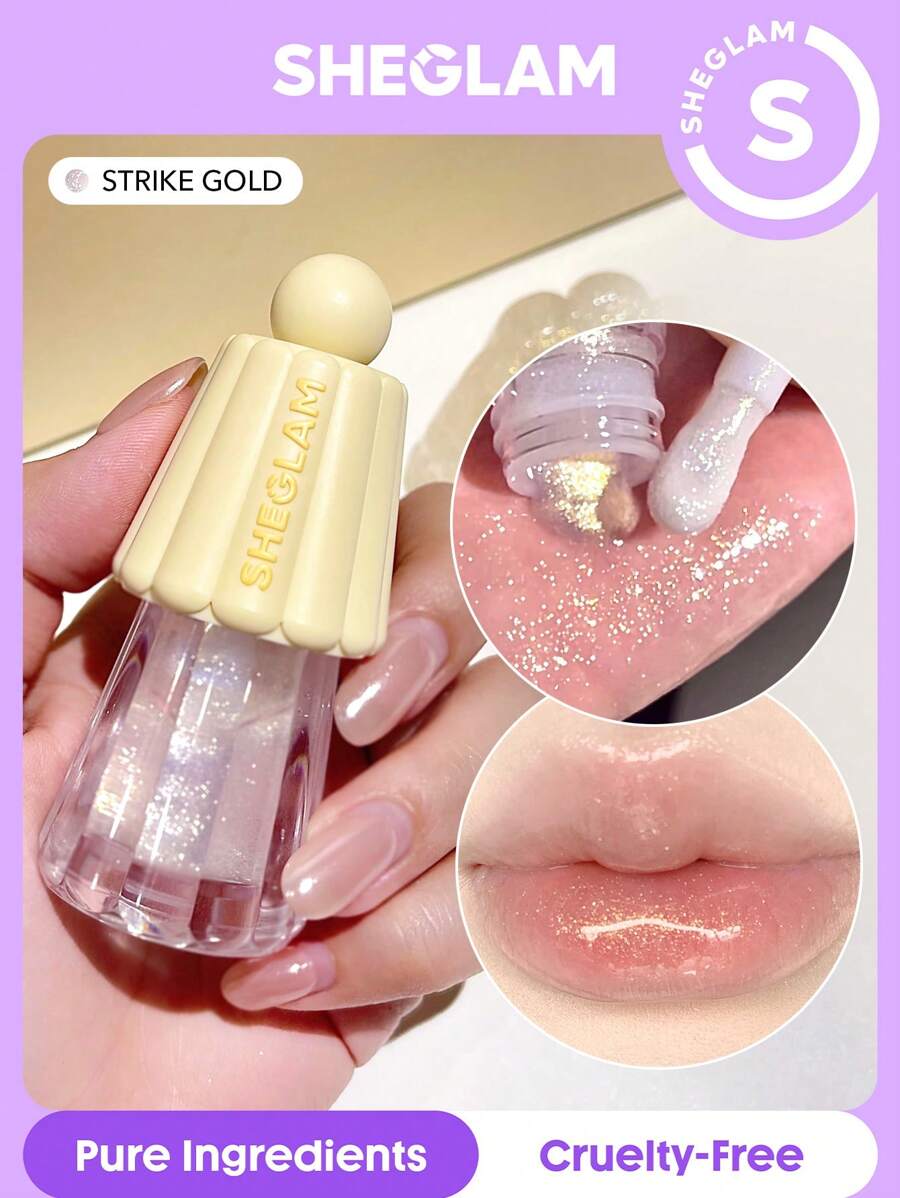 SHEGLAM Jelly Wow Hydrating Lip Oil-Strike Gold Glitter Moisturizing Lip Gloss High-Shine Glossy Glow Non-Sticky Lip Care Hydrating Sleep Mask Lip Makeup Brand Beauty Makeup Face Paint Cosmetic For Women Girls Perfect For Winter Ideal For Y2K Fancy Fashion Suitable For Birthday Christmas Gift Party Ready Best Color