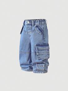 SHEIN Baby Boy Fashionable Washed Multiple Pockets Baggy Loose Fit Blue Denim Cargo Pants, For Baby Outdoor Wear And Daily Wear - Light Wash - View 1