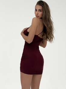 Aloruh Elegant Accordion Pleated Hollow-Out Cross Back Mini Bodycon Slip Dress, Fashionable For Dates - Burgundy - View 2