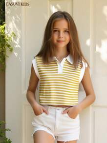 SHEIN Explorewe 1pc Tween Girl Casual Fashionable Polo Collar Striped Tank Top, Suitable For School, Work, And Street, Fresh Colors, Summer - Yellow - View 4