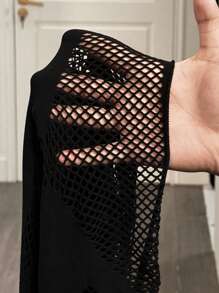 BamGleam Solid Color Round Neck Hollow Mesh Ripped Seamless Jumpsuit - Black - View 8