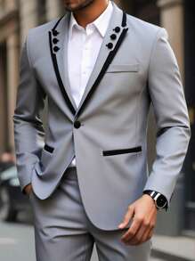 Manfinity Bizformal Conjunto de chaqueta y pantalón formal para hombre de Manfinity con contraste de color en el cuello de solapa y de manga larga