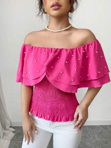 Elenzga Women's Woven Bubble Beads Elegant Summer Regular Shirt - Hot Pink - View 4
