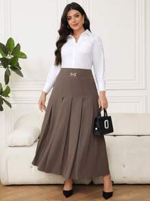 Modelyn Plus Size Solid Color Pleated Long Skirt - Coffee Brown - View 3