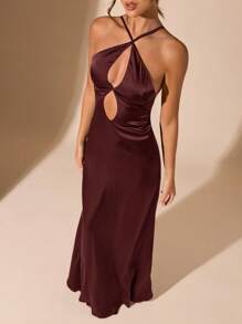 SHEIN BAE Đầm hở lưng cổ yếm thanh lịch tối giản gợi cảm màu đen trơn, thích hợp cho tiệc tốt nghiệp, dịp trang trọng, tiệc cocktail, buổi hẹn hò lãng mạn, váy cơ bản thu đông, tiệc tùng, hộp đêm, buổi họp mặt trang trọng, váy phù dâu, đi chơi đêm, váy Halloween, váy Giáng sinh, khoét sâu gợi cảm, khoét lỗ - Màu nâu Sô-cô-la - Xem 6