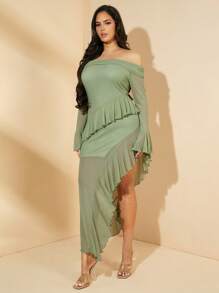 SHEIN BAE Đầm dài hở vai phối ren lưới đen trơn cỡ lớn thời trang xuân thu đông cho nữ, váy dài thanh lịch gợi cảm, váy ngọt ngào, váy hẹn hò lãng mạn, váy ngày lễ tình nhân, váy năm mới, váy lễ hội, váy dự tiệc - Màu xanh Bạc hà - Xem 6