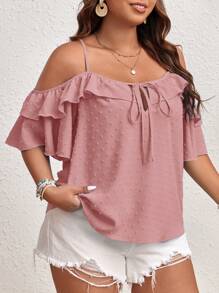 SHEIN VCAY Áo cánh rộng rãi màu trơn viền bèo nhún buộc bèo nhún phía trước cho nữ cỡ lớn - Màu Hồng  San hô - Xem 1