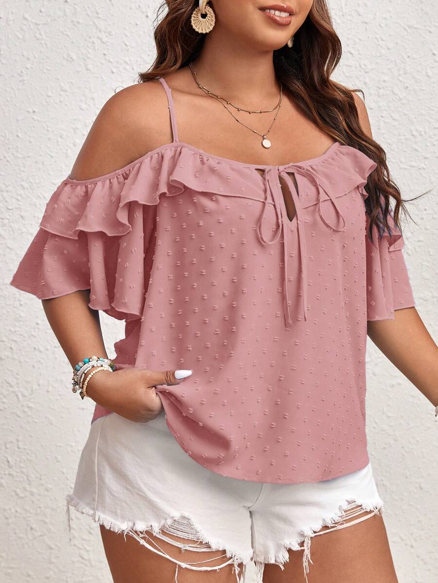 SHEIN VCAY Áo cánh rộng rãi màu trơn viền bèo nhún buộc bèo nhún phía trước cho nữ cỡ lớn - Màu Hồng  San hô - Xem 1