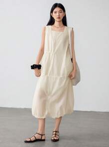 DAZY Women's Linen Minimalistic Tie-Up Slit A-Line Sleeveless Midi Dress Old Money Style,Casual Women Dresses Business Casual Woman Work Clothes - Beige - View 2