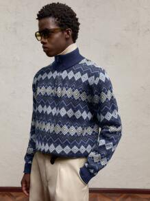 AKNOTIC Party 男士拼色针织休闲套头毛衣，立领，半拉链，落肩，长袖，适合秋冬季日常穿着，金属拉链