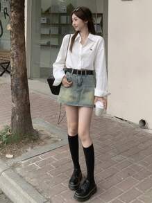 DAZY 女式秋季马图案落肩长袖单排扣休闲宽松衬衫，秋季女装 - 白色 - 查看 4