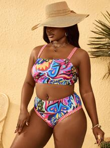 SHEIN Slayr CURVE Plus Size Tropical Green Plant Ruffled Bikini Swimwear Set - Multicolor - View 5