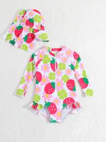 SHEIN Baby Girls' One-Piece Swimsuit With Random Prints And Ruffles (Includes Swimming Cap) - Multicolor - View 7