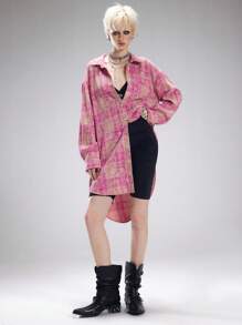Coolane Women's Spring/Summer Grunge Preppy Going Out Dirty Washed Plaid Long Shirts - Pink - View 5