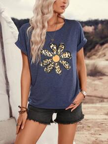 LanaWest Áo thun tay ngắn in họa tiết hoa Bohemian, thường ngày cho lễ hội âm nhạc - Màu xanh lam - Xem 5