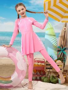 SHEIN Girls' Long Sleeve Leaf Print Zipper Rashguard & Skirt Swimsuit Set, Pink, Sweet & Energetic