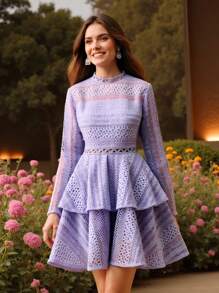 Anewsta Elegant Lace Waist-Cinched Round Neck Ruffle A-Line Short Dress, Lavender - Mauve Purple - View 1