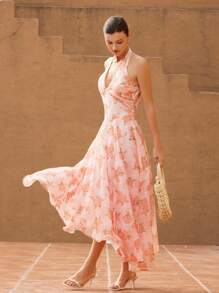 Aveloria Rosie French Elegant Floral Chiffon Dress, Romantic Floral Print, Halter Neck, Deep V-Neck, Waisted, Sleeveless, Vacation/Resort Style Boho Vacation FashionableStyle All Over Print For Summer