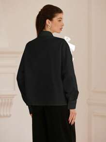 GENKIRA 法式风格甜美浪漫双色 3D 蝴蝶结装饰女童长袖衬衫女士秋季衬衫，节日派对服装可爱有趣的纽扣衬衫女士 - 彩色 - 查看 2